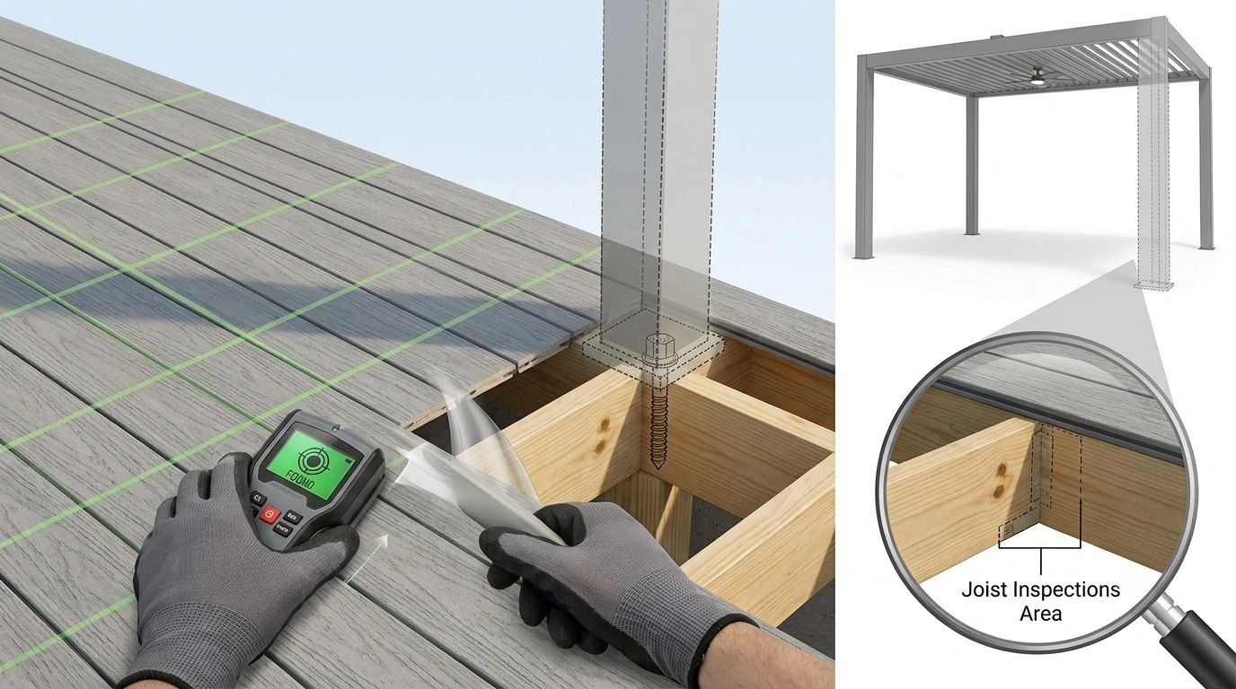 Using stud finder to locate deck wood joists for pergola post installation