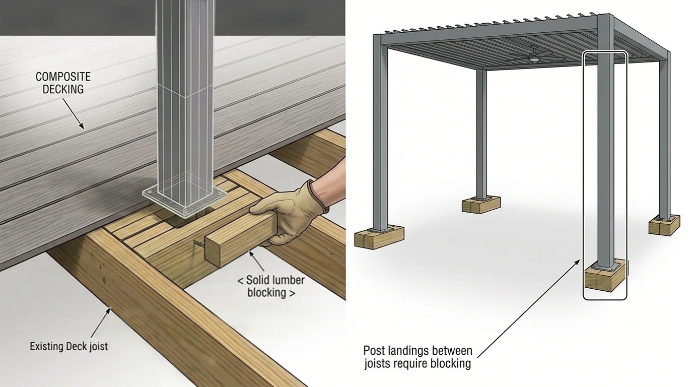 Step2-Install solid lumber blocking between deck joists to support pergola posts