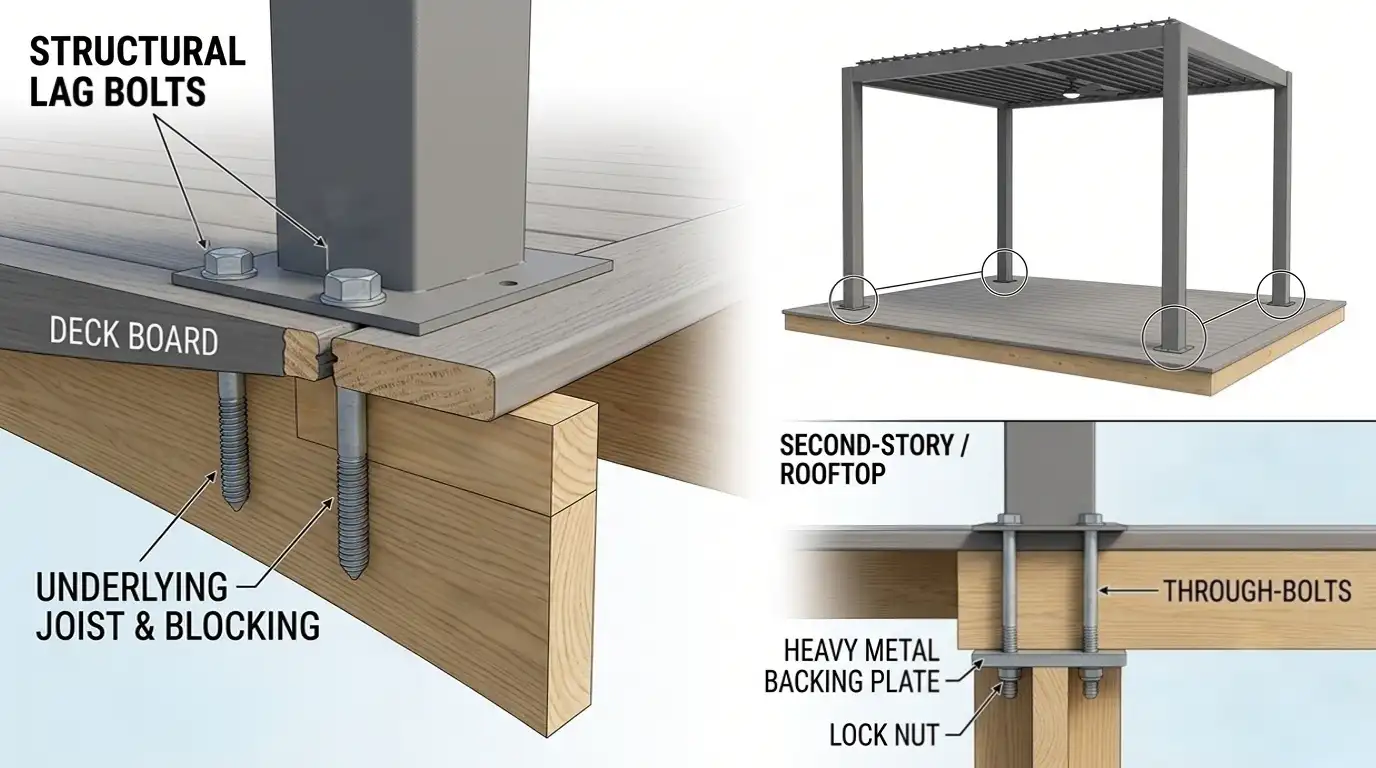 Step3-Secure pergola posts with lag bolts- use through-bolts for elevated decks