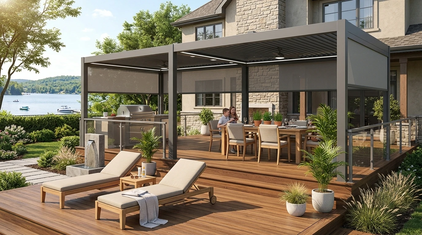 Two-level deck zoning lower sun lounge area, upper pergola-covered dining space by lake