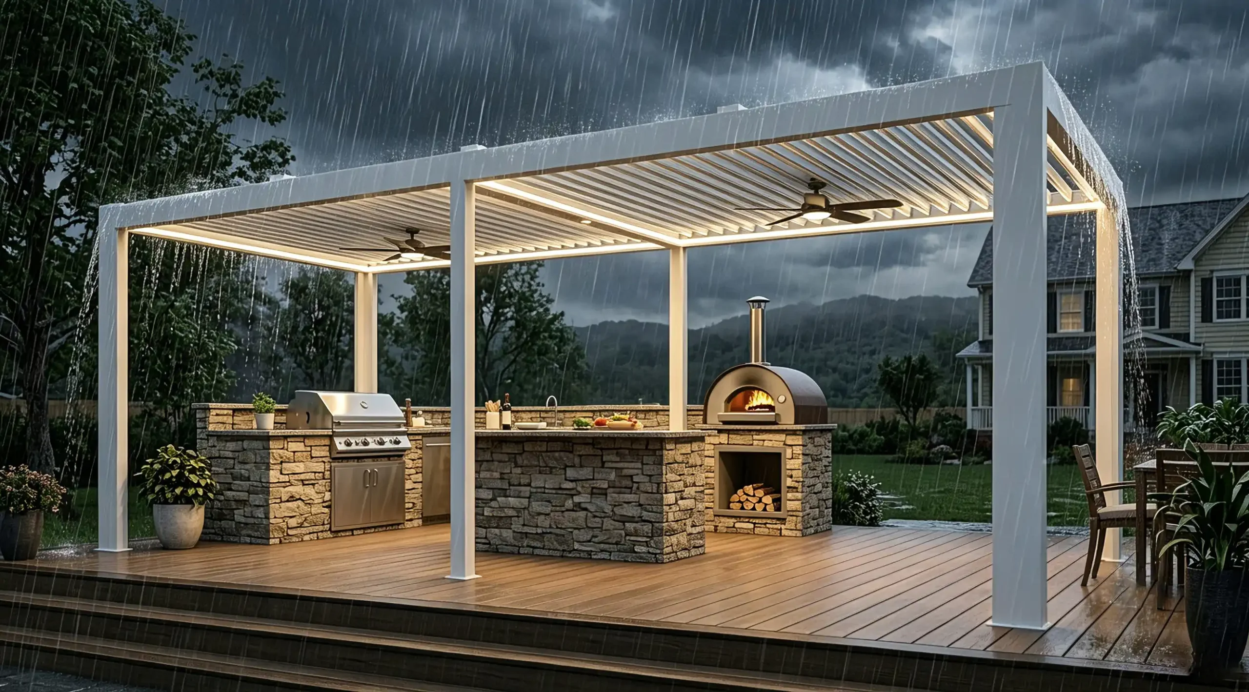 White louvered aluminum pergola shelters outdoor pizza oven and grill kitchen during heavy rainfall