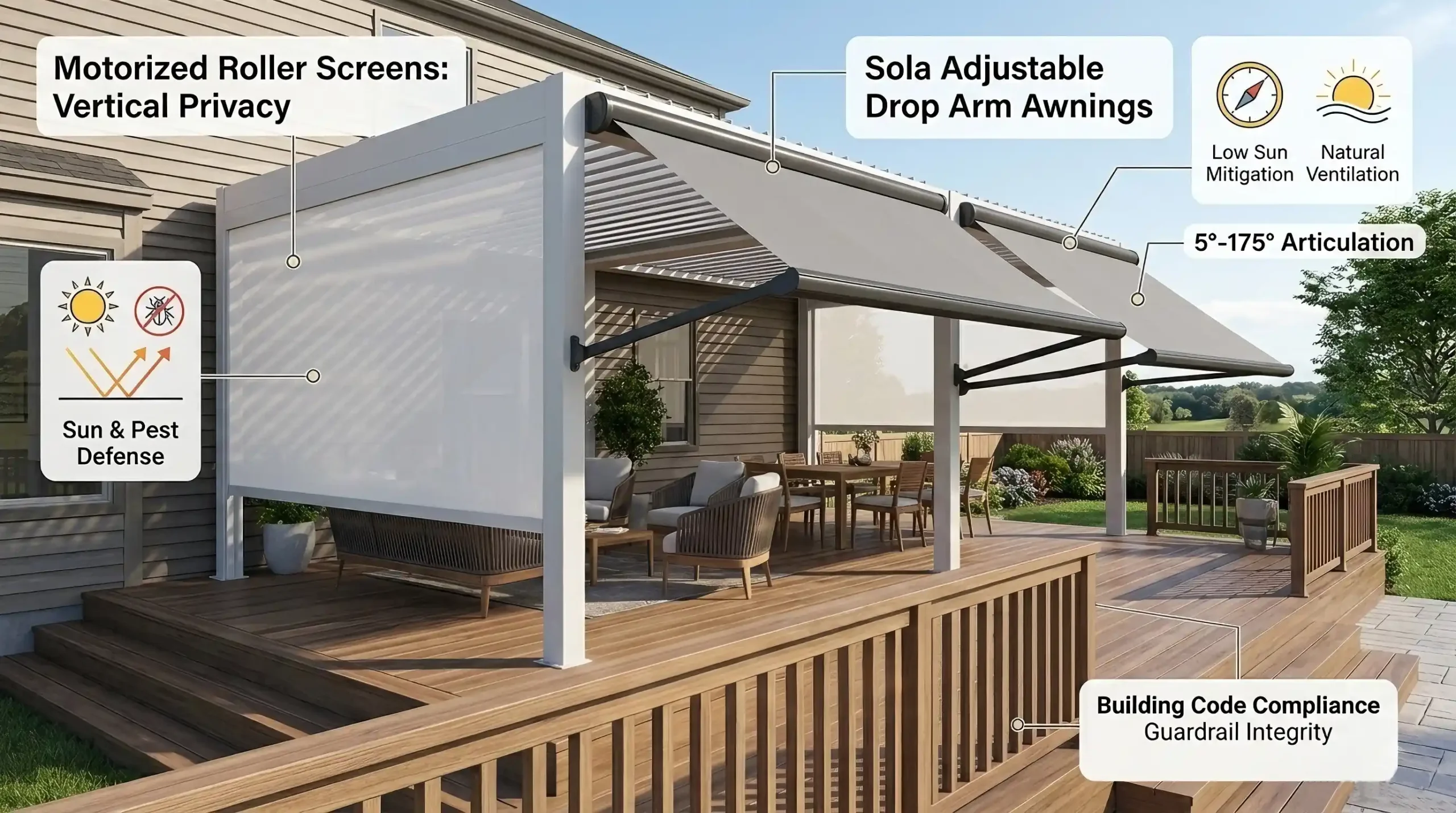 Motorized pergola equipped with drop‑arm awnings and privacy roller screens