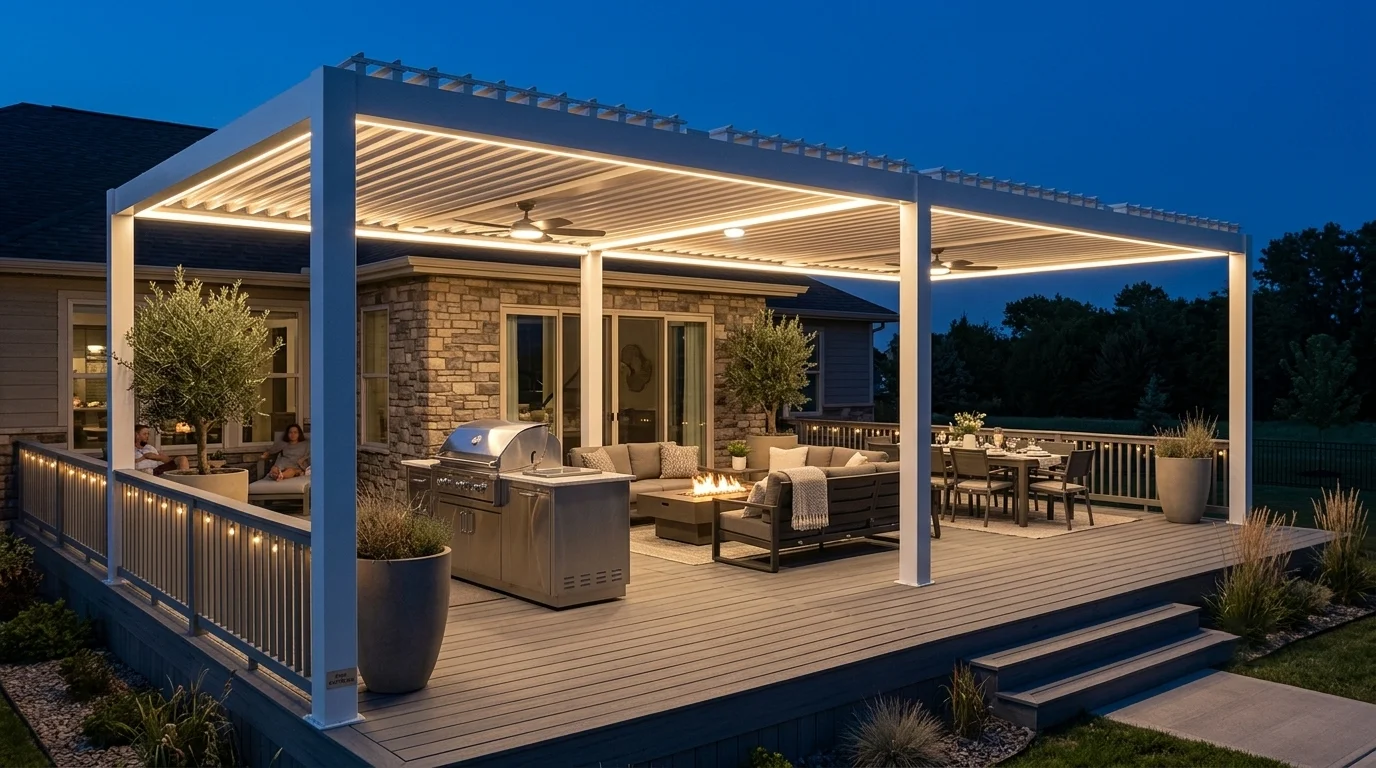 Night‑time backyard deck with lit louvered aluminium pergola and outdoor kitchen