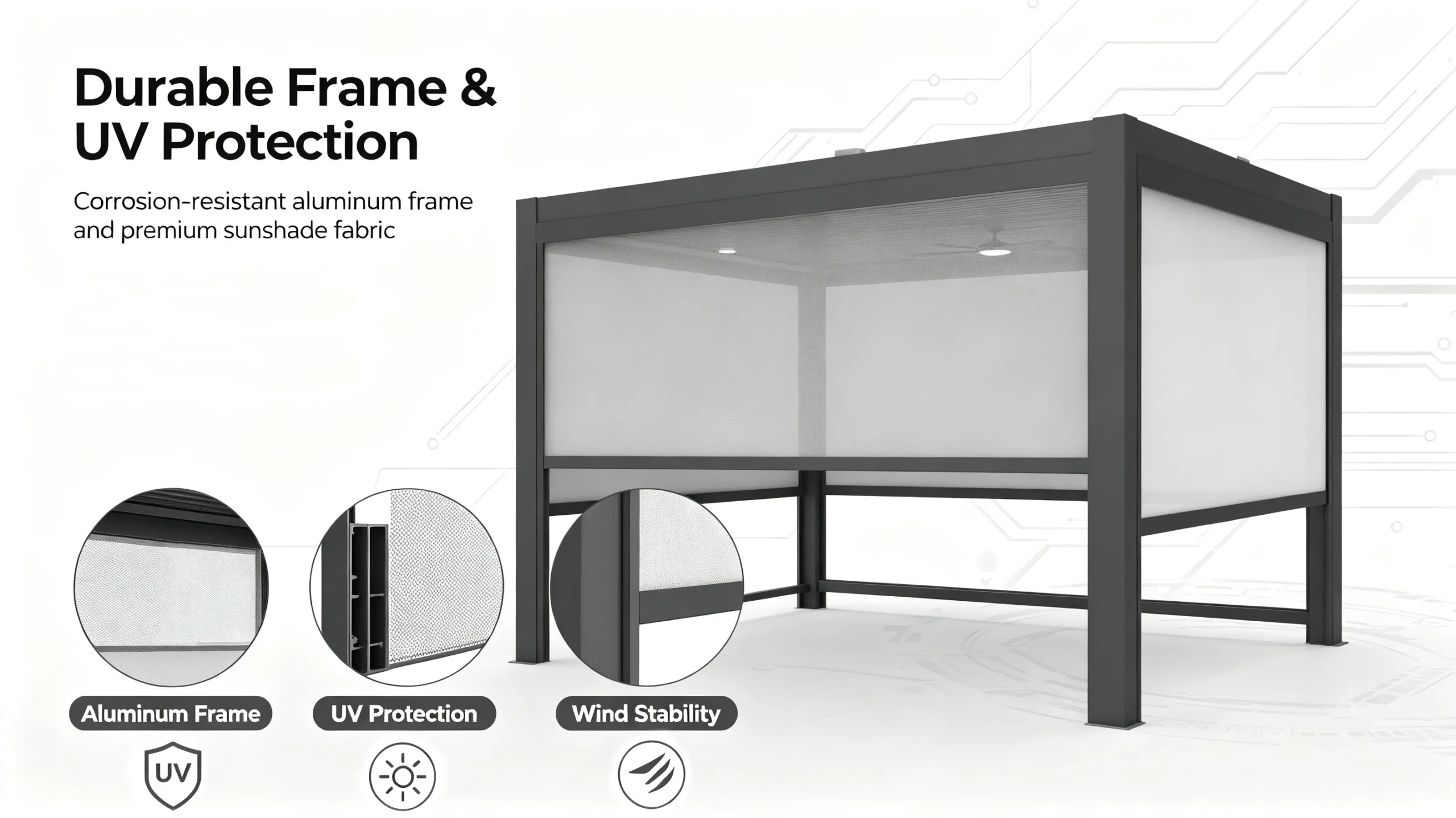 Sola pergola roller shade details showing frame UV and wind stability