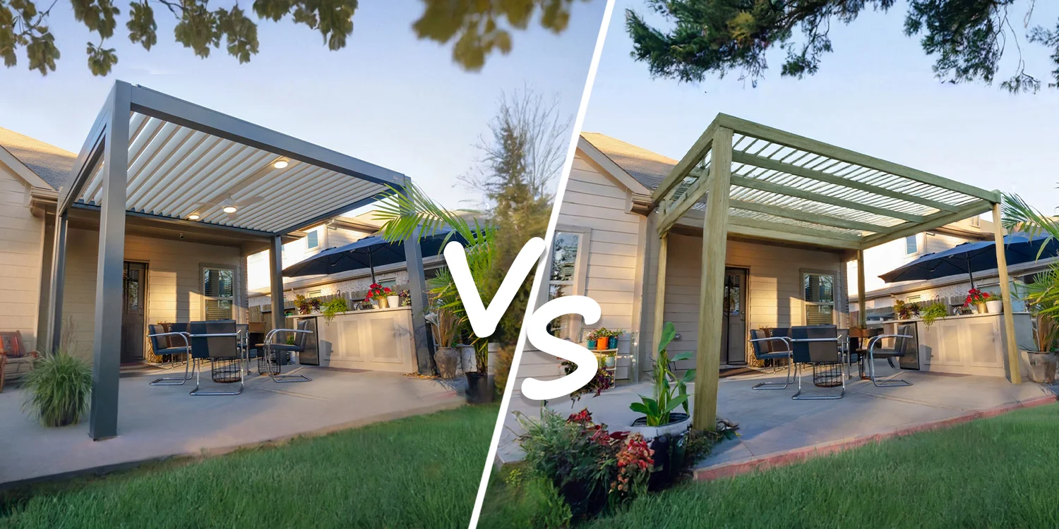 Comparison of aluminum louvered pergola vs wooden trellis on backyard patio
