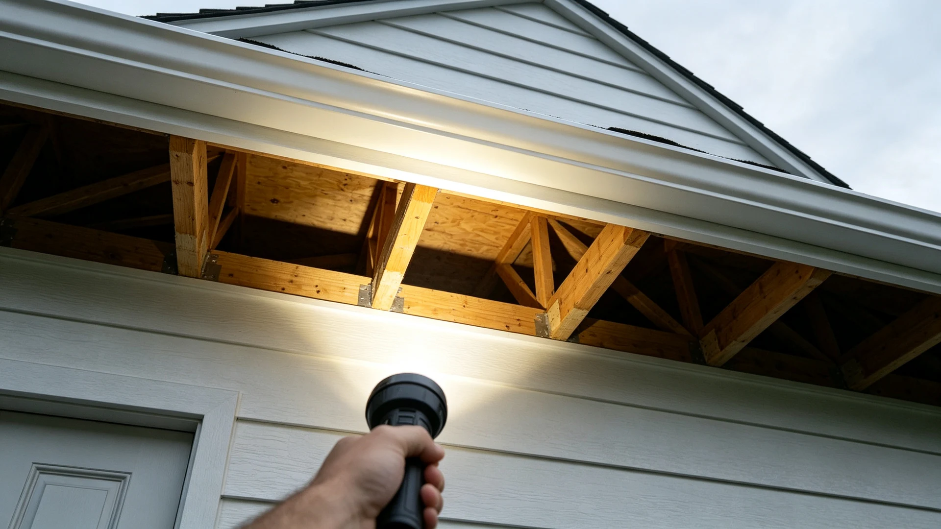 Hand holding flashlight inspecting house soffit and wooden roof framing