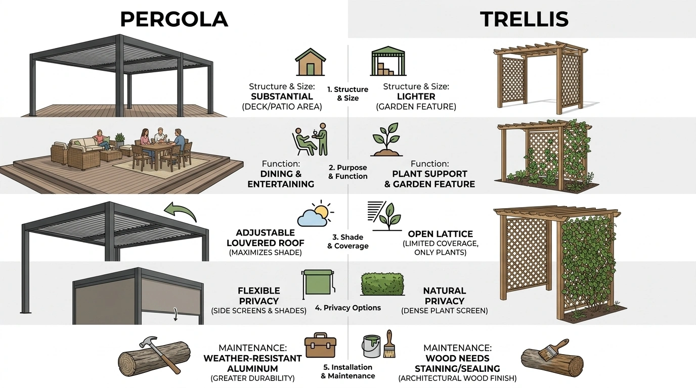 Infographic comparing pergola vs trellis structure, function, shade and maintenance differences