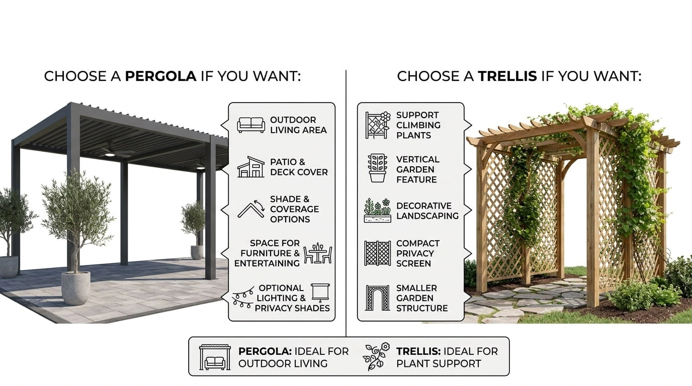 Infographic comparing use cases for pergola and garden trellis