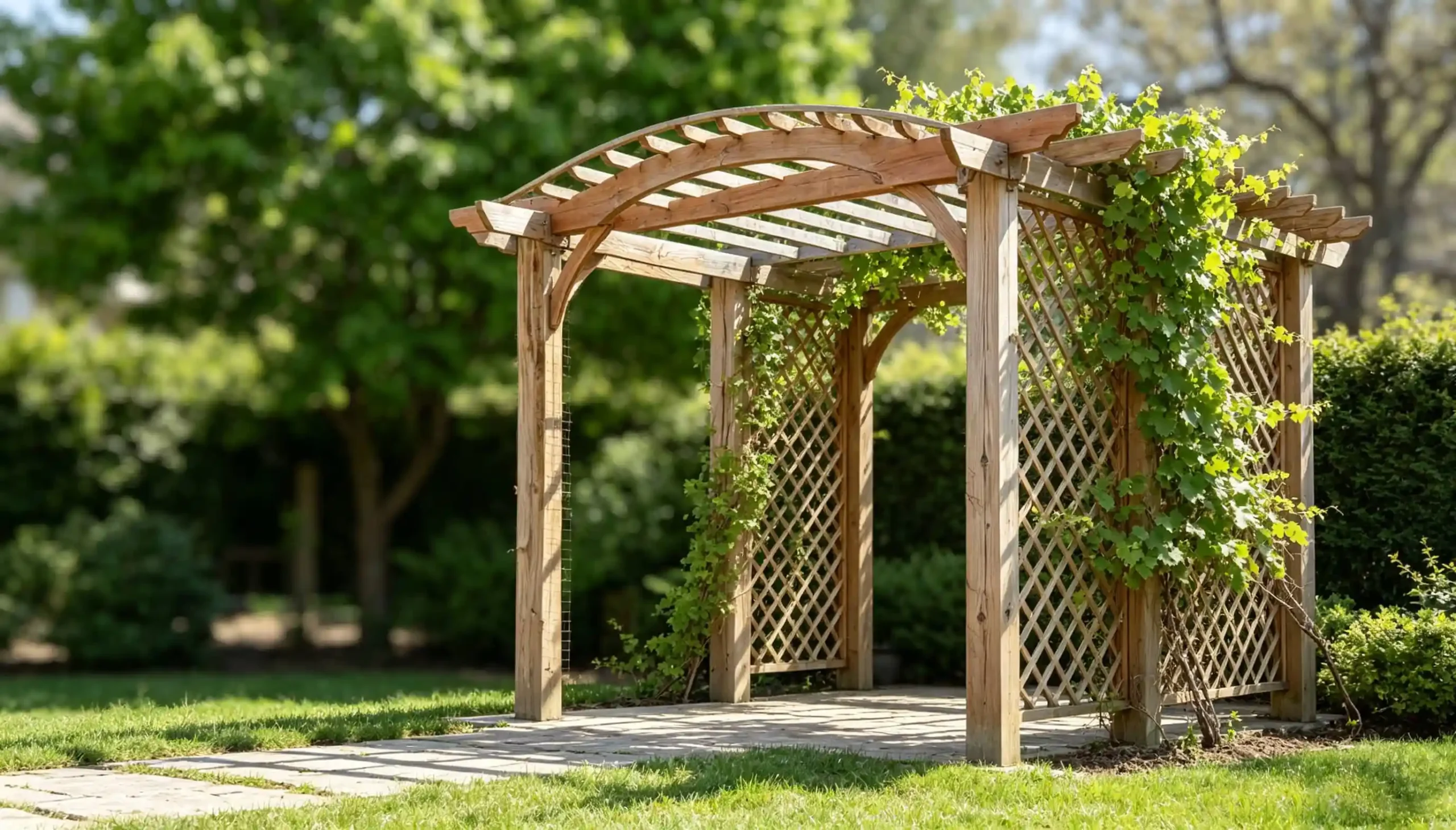 Wooden garden trellis covered with climbing green vines in backyard lawn