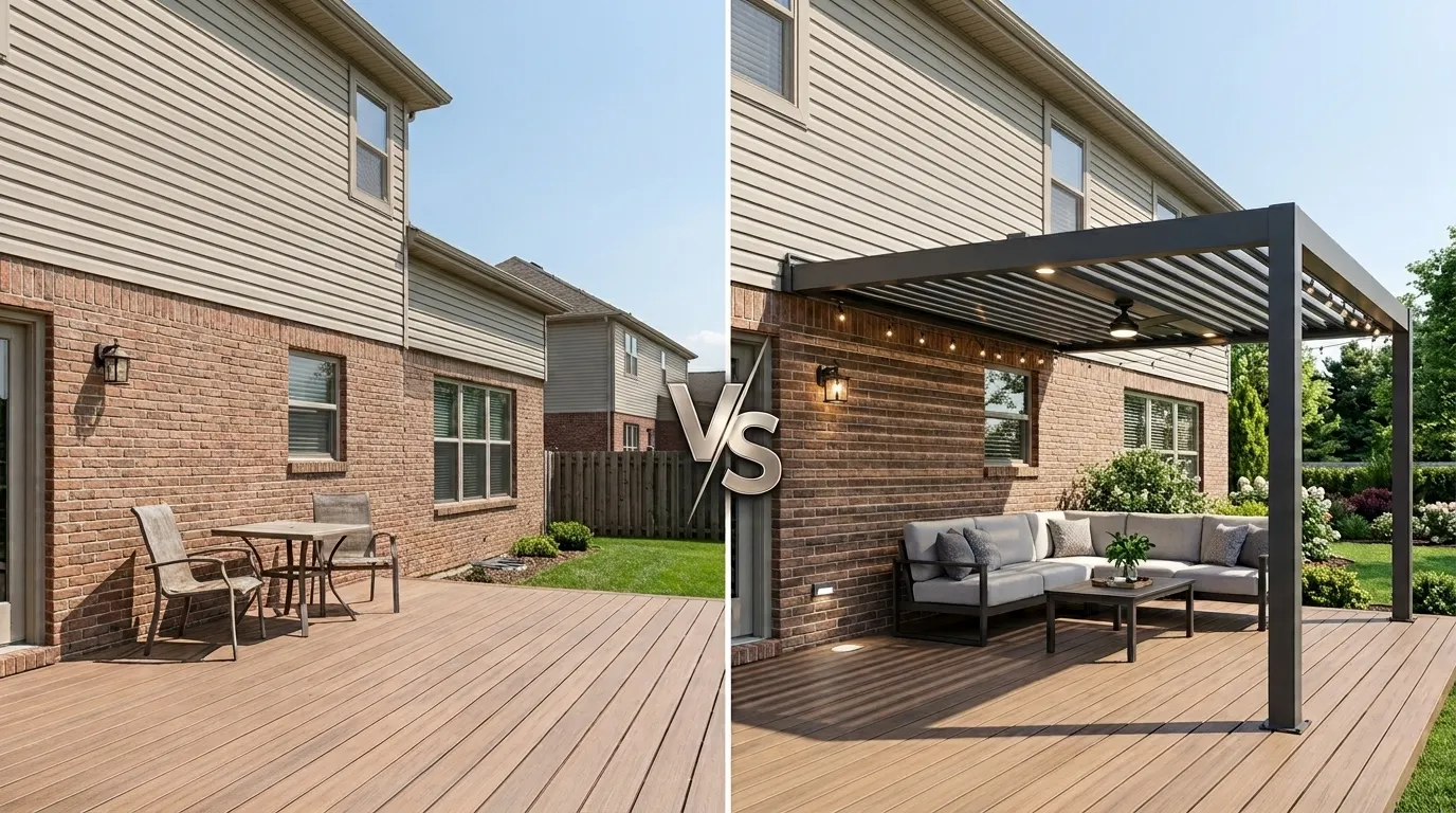 backyard deck before and after wall mounted louvered pergola installation