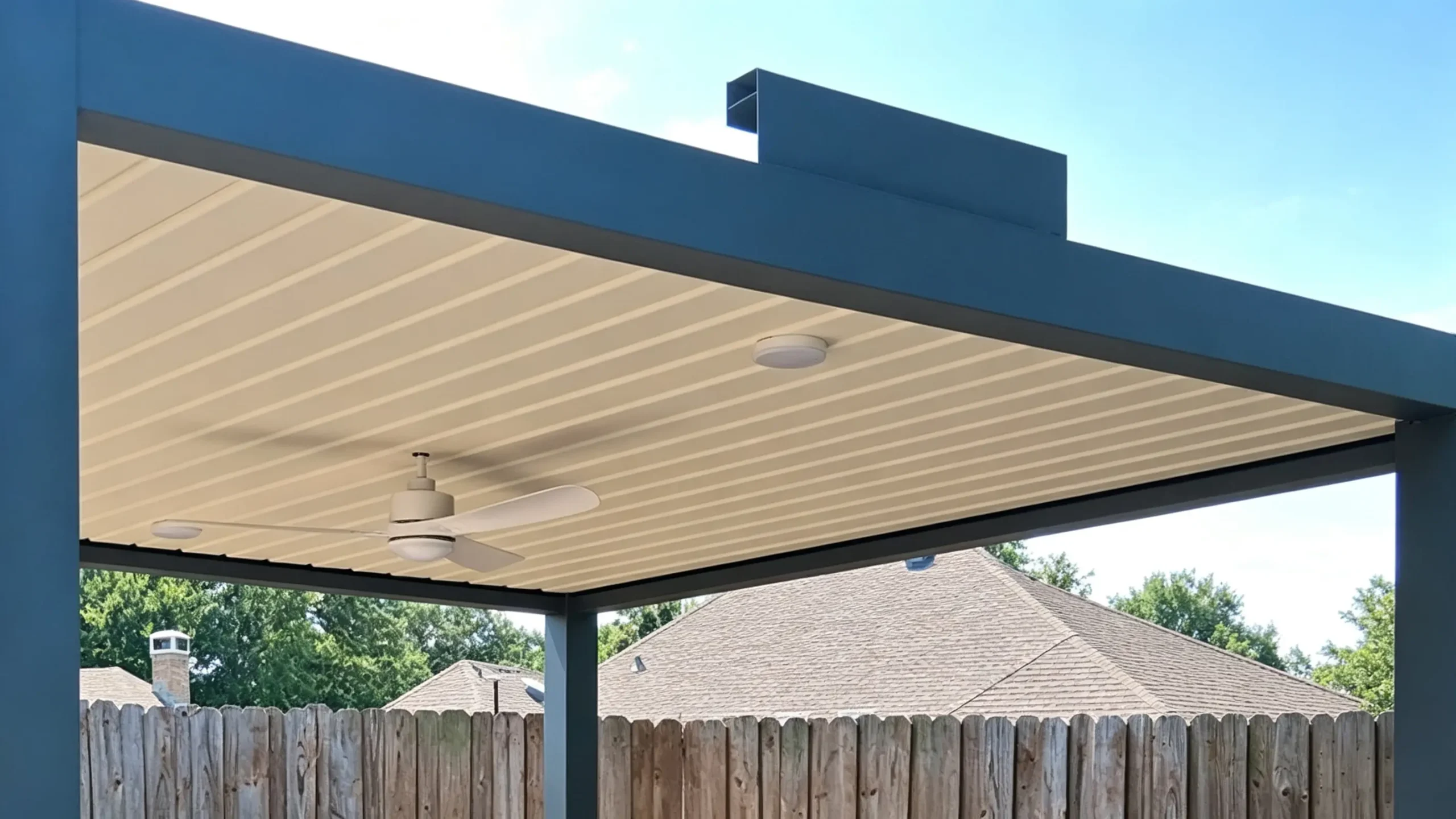 louvered pergola interior ceiling fan and lighting