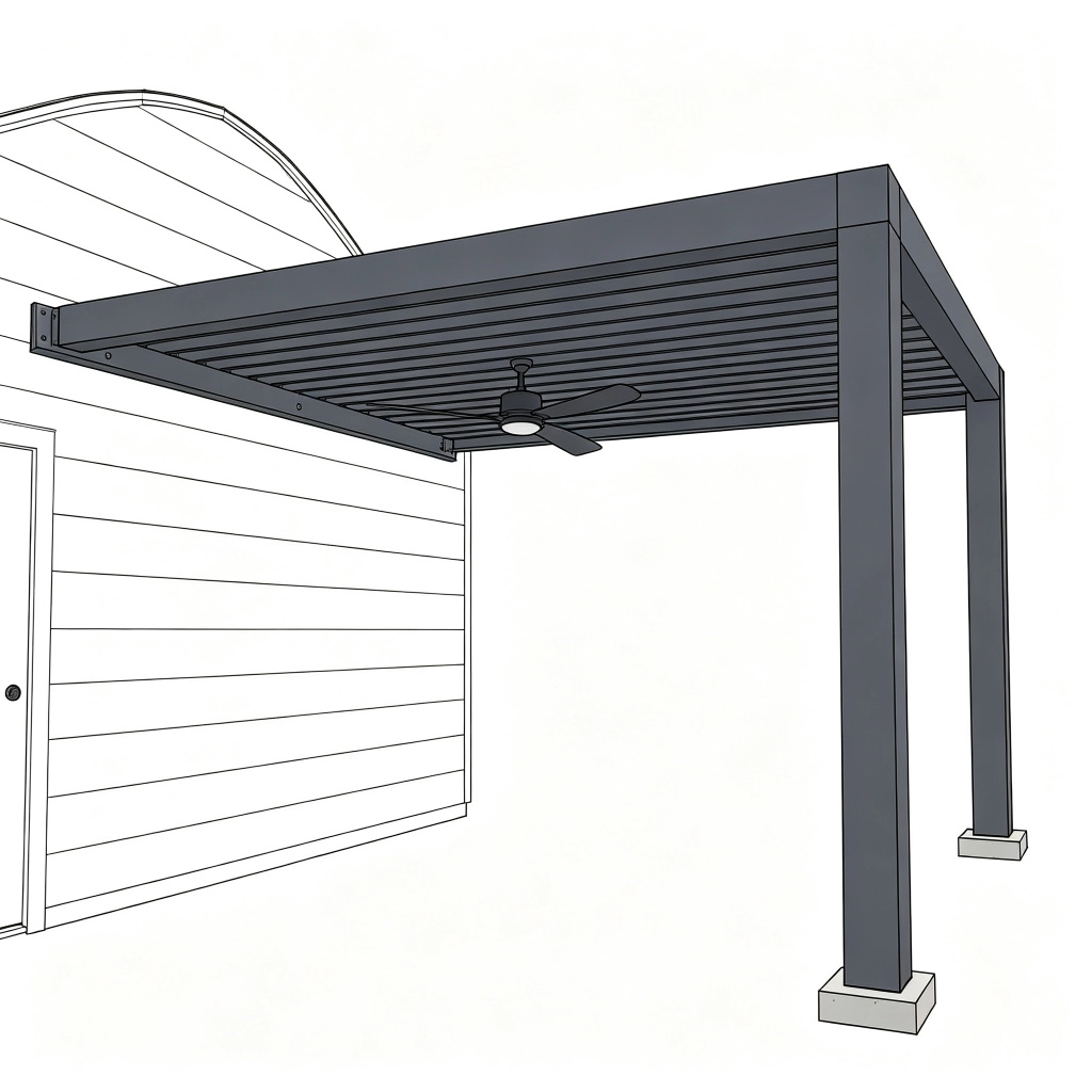 wall-mounted aluminum pergola attached directly to house wall with