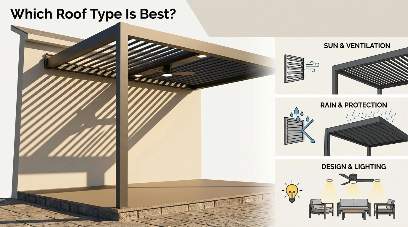 wall mounted pergola louvered roof comparison infographic showing sun ventilation rain protection and lighting features for roof type selection