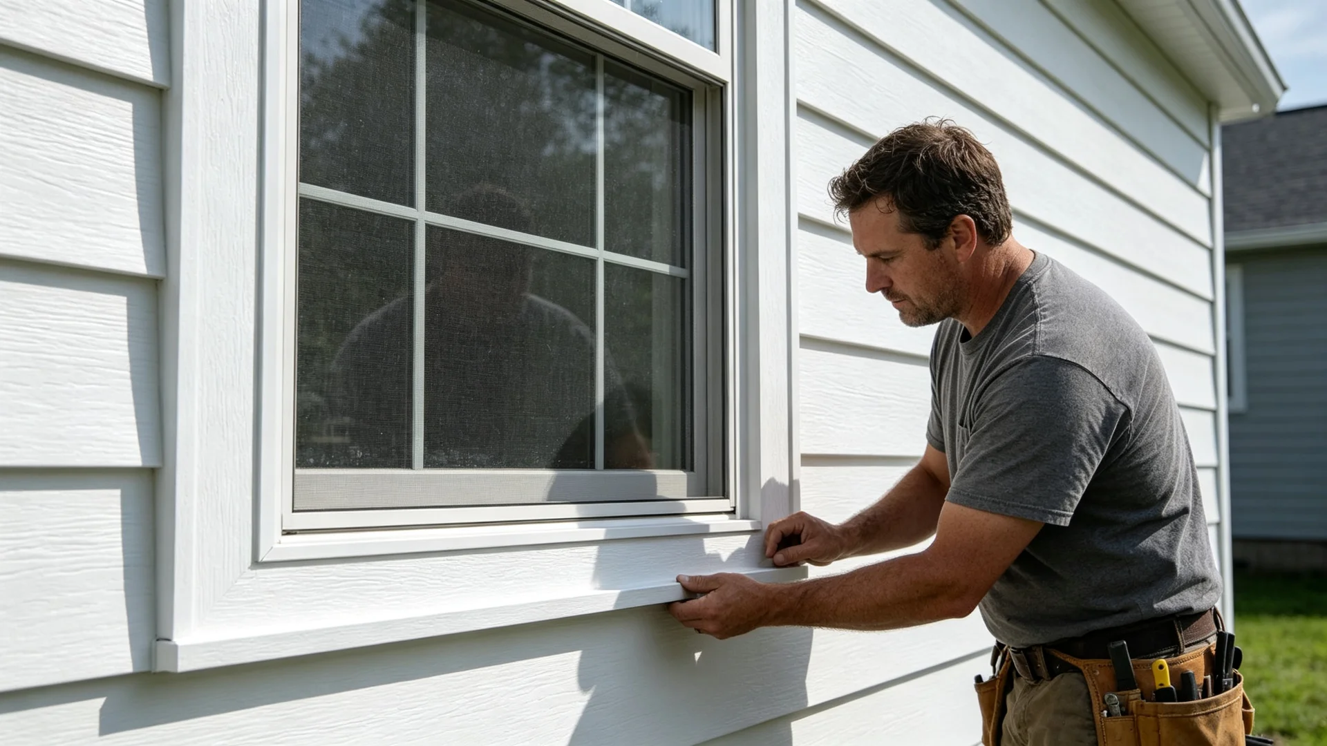 worker checking exterior wall siding around house window for pergol
