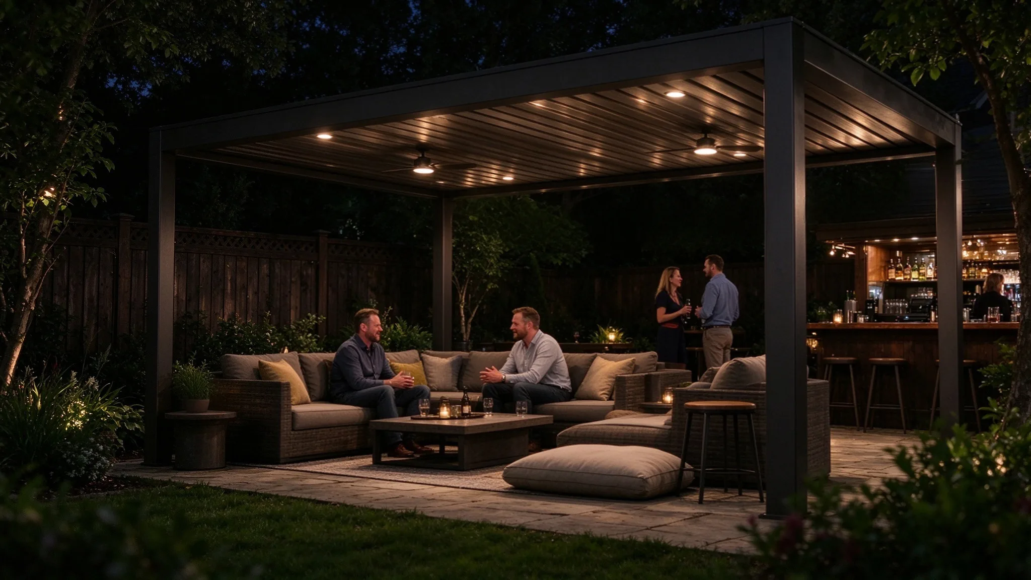 freestanding louvered pergola with led lights nighttime backyard lounge people relaxing outdoor bar