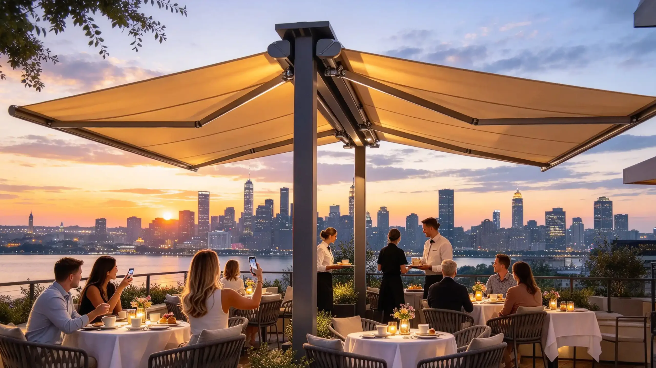 rooftop restaurant patio sunset butterfly awning guests dining city skyline view