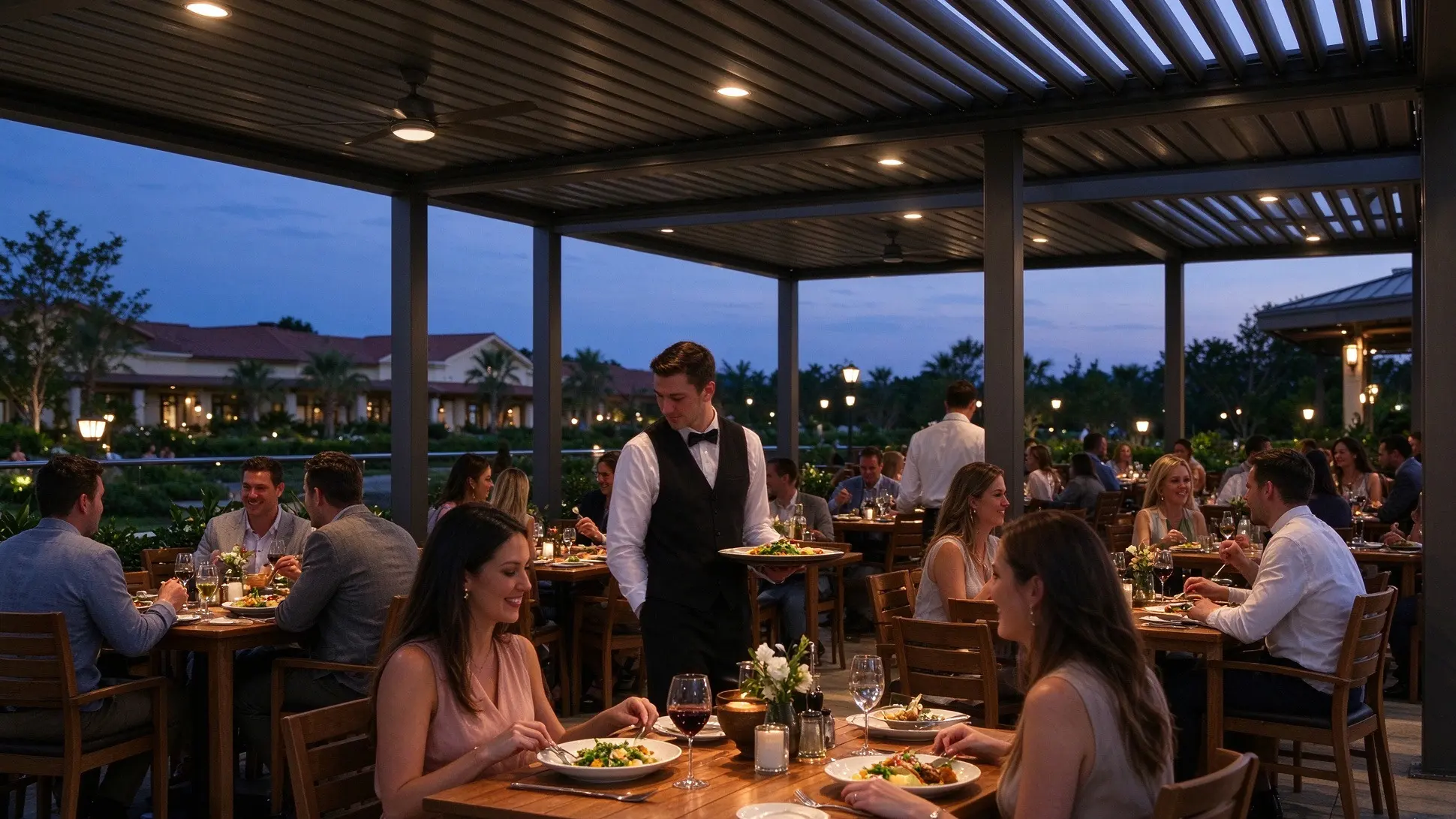 louvered pergola built in led lights restaurant outdoor dining dusk