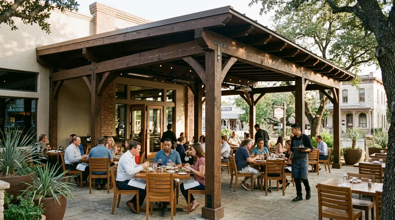 fixed roof pergola restaurant outdoor dining solid permanent roof full sun rain protection no moving parts