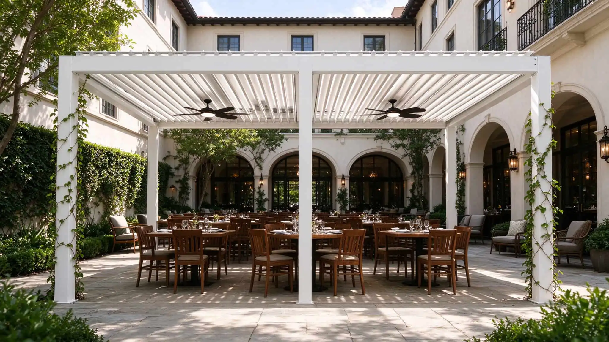 freestanding louvered pergola garden restaurant outdoor dining patio
