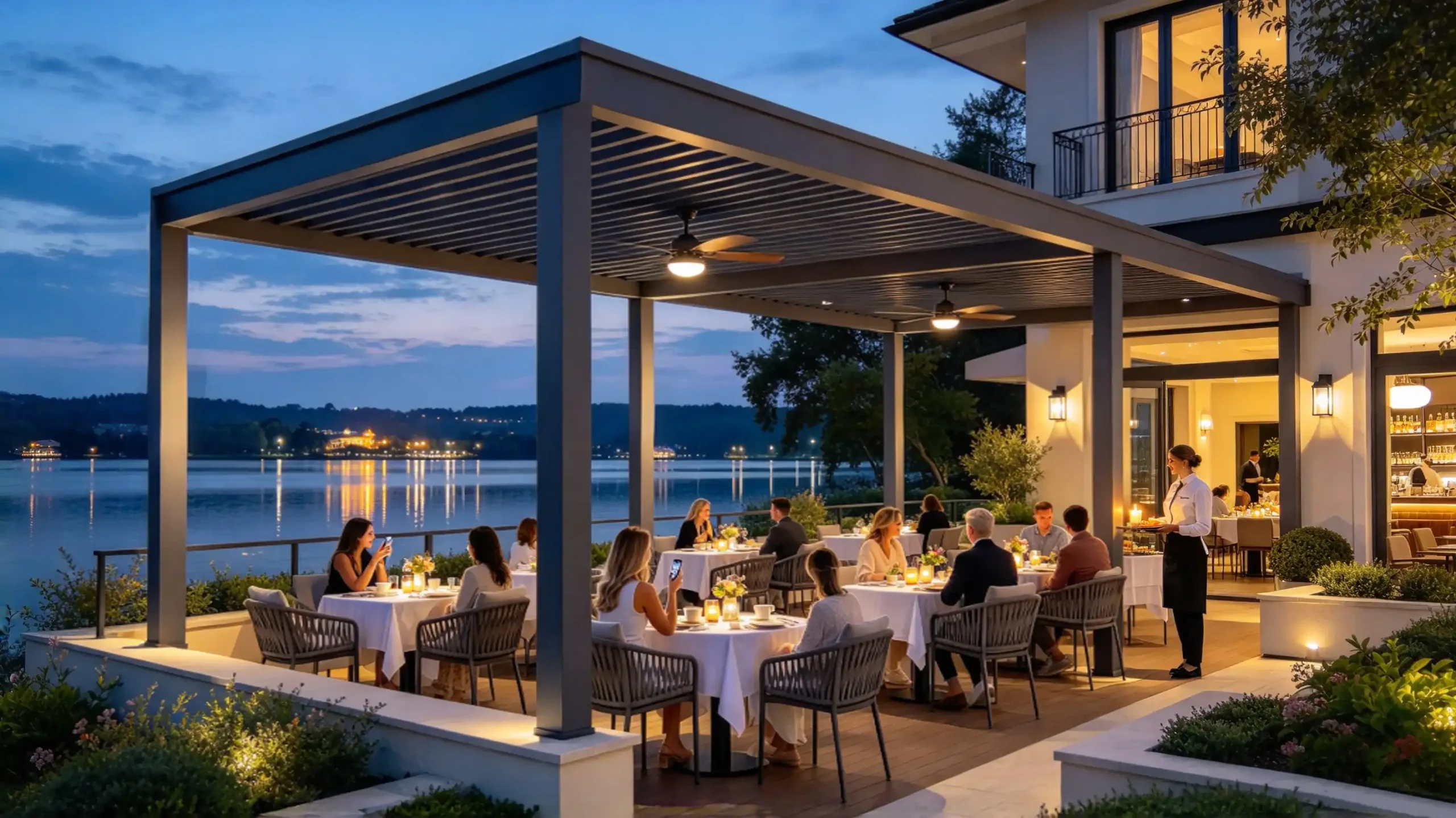 twilight lakeside restaurant patio motorized louvered pergola guests dining lake view warm lights
