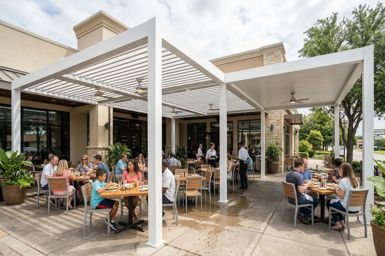 Motorized louvered aluminum pergola for restaurant outdoor patio, adjustable louvers open for airflow or close