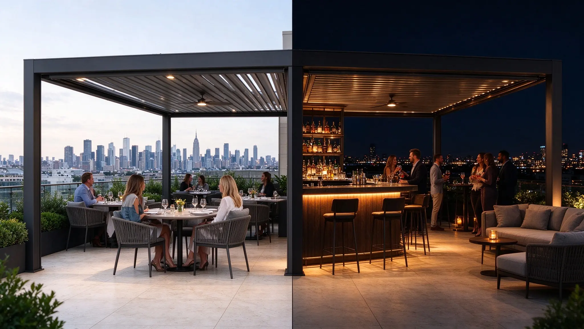 split view rooftop louvered pergola daytime dining evening bar city skyline