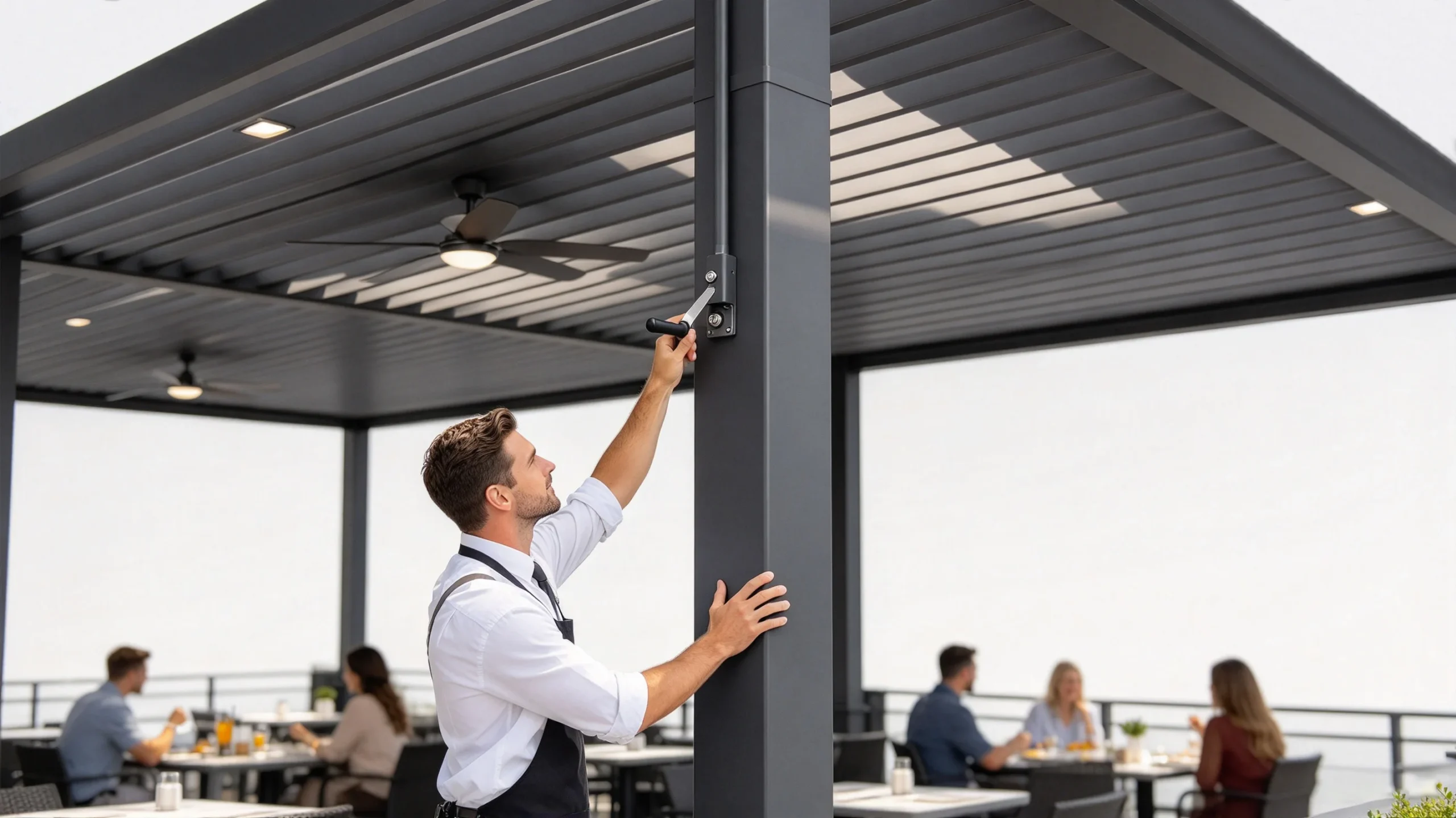 waiter adjusting manual crank handle to operate louvered pergola roof over restaurant outdoor dining patio