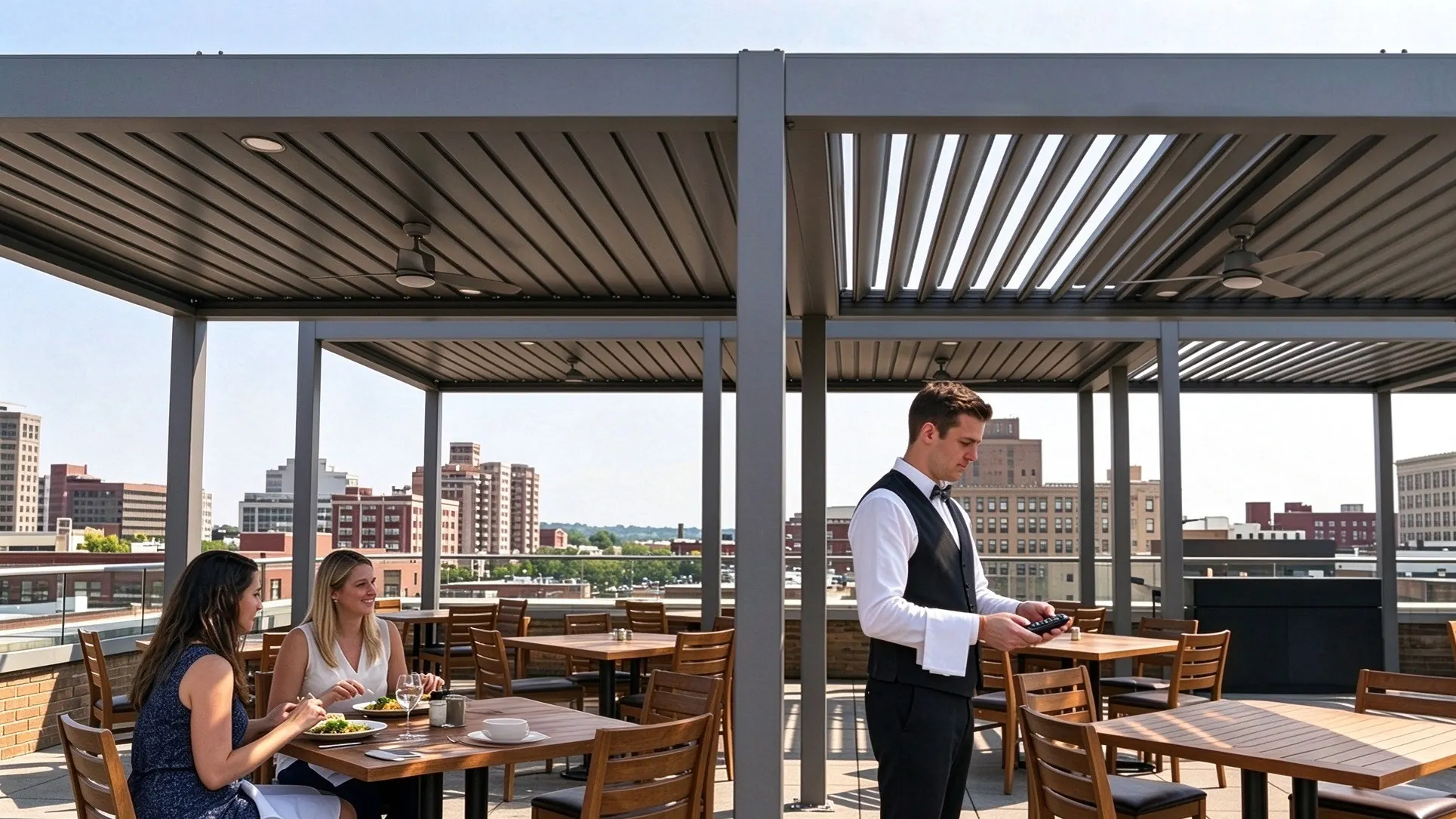 Waiter uses remote control to adjust louvered pergola shade for rooftop restaurant diners