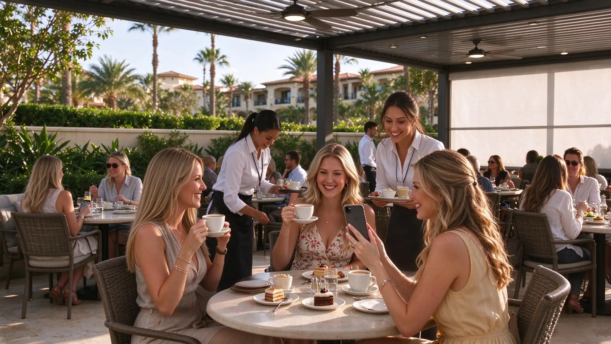 happy female guests dining and taking photos under louvered pergola at resort outdoor patio restaurant
