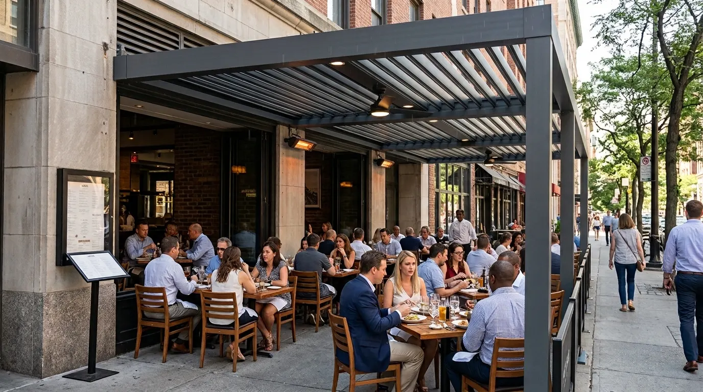 Wall-mounted motorized louvered pergola covering outdoor dining patio at city restaurant with seated guests