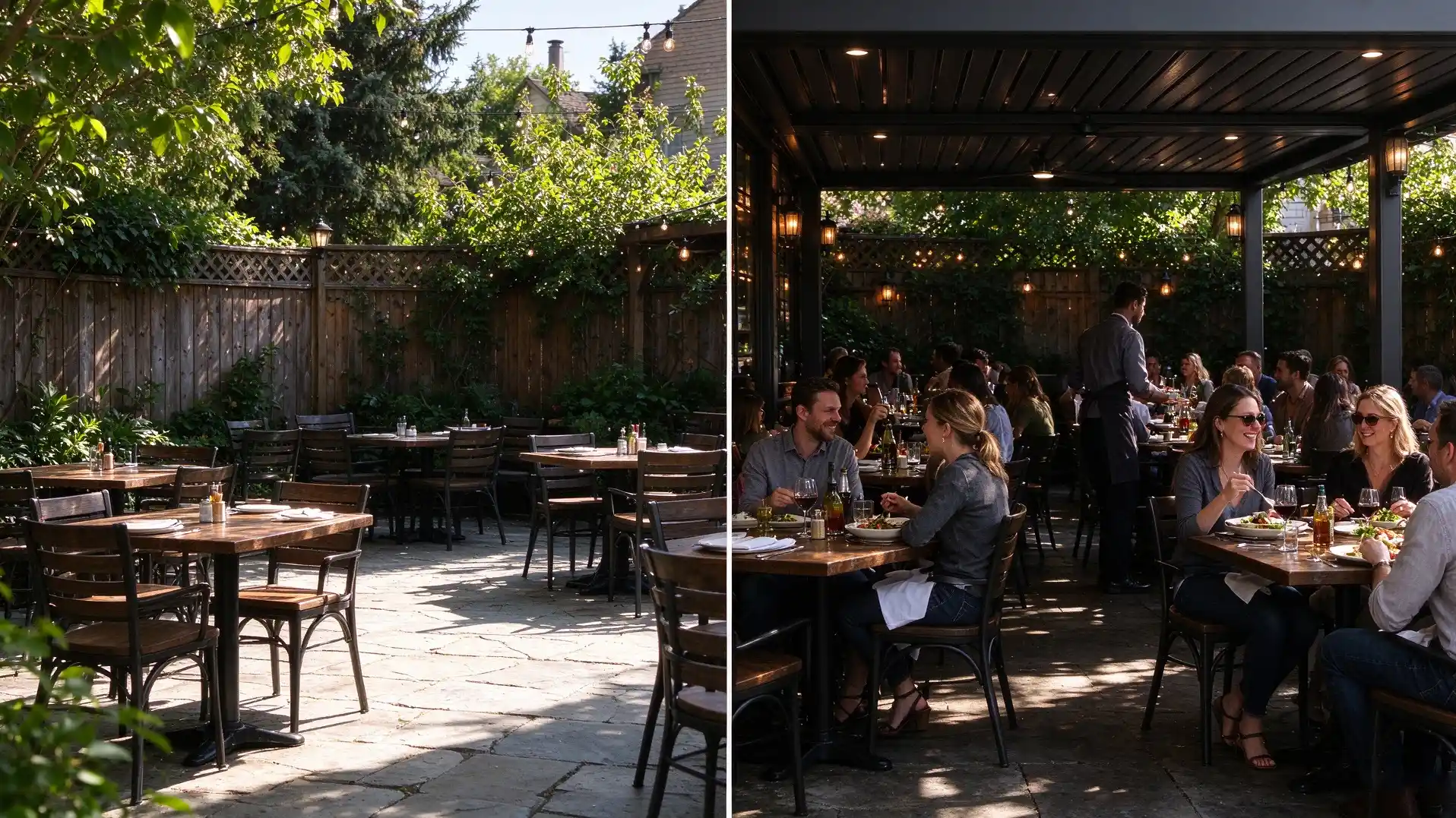 restaurant patio before after motorized pergola