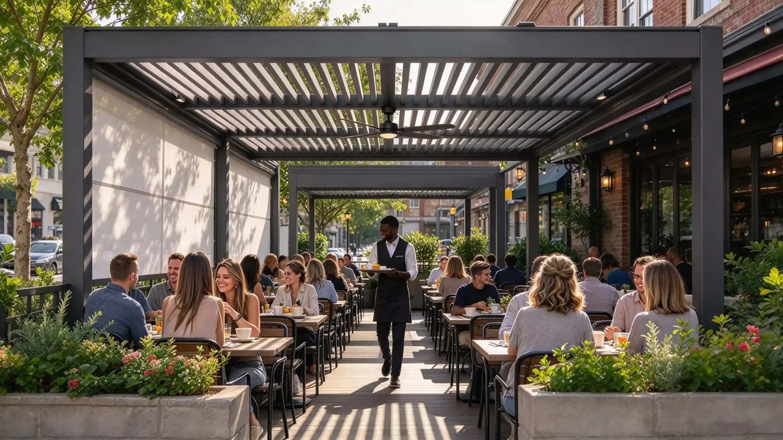 motorized louvered pergola shading busy restaurant outdoor patio diners and serving waiter