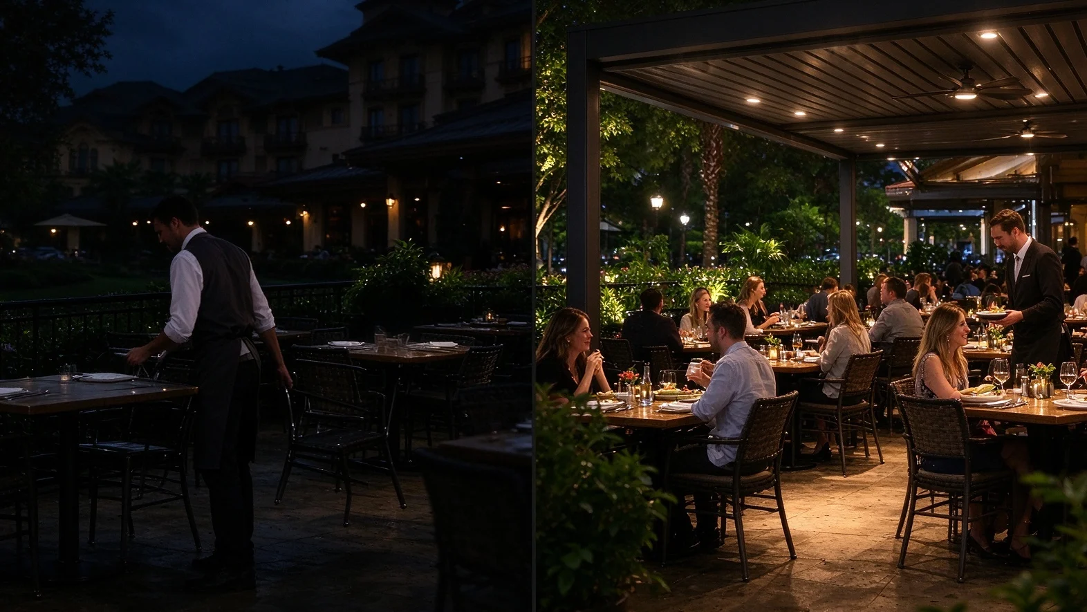 restaurant patio night before after pergola