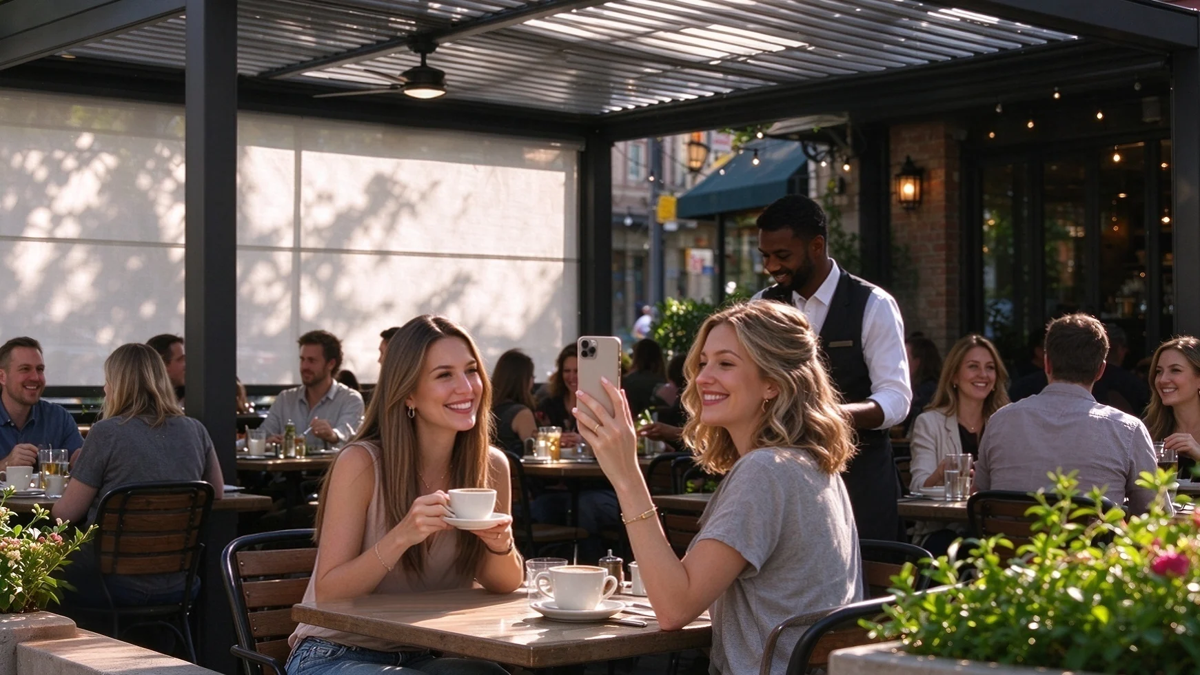 restaurant patio under motorized louvered pergola guests taking photos enjoying drinks shaded outdoor dining