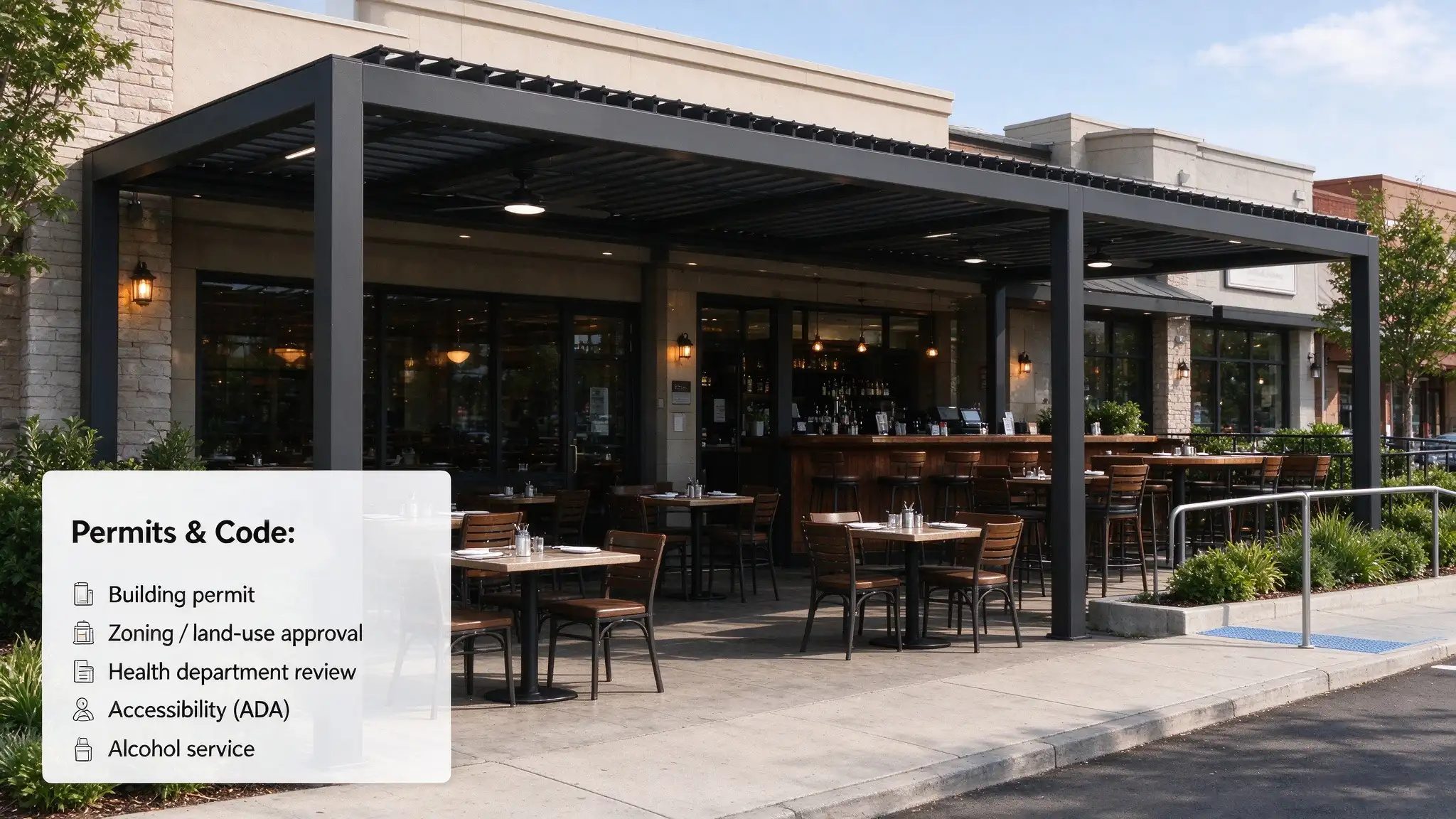 commercial motorized louvered pergola restaurant patio overlay with required permits and building codes for outdoor dining