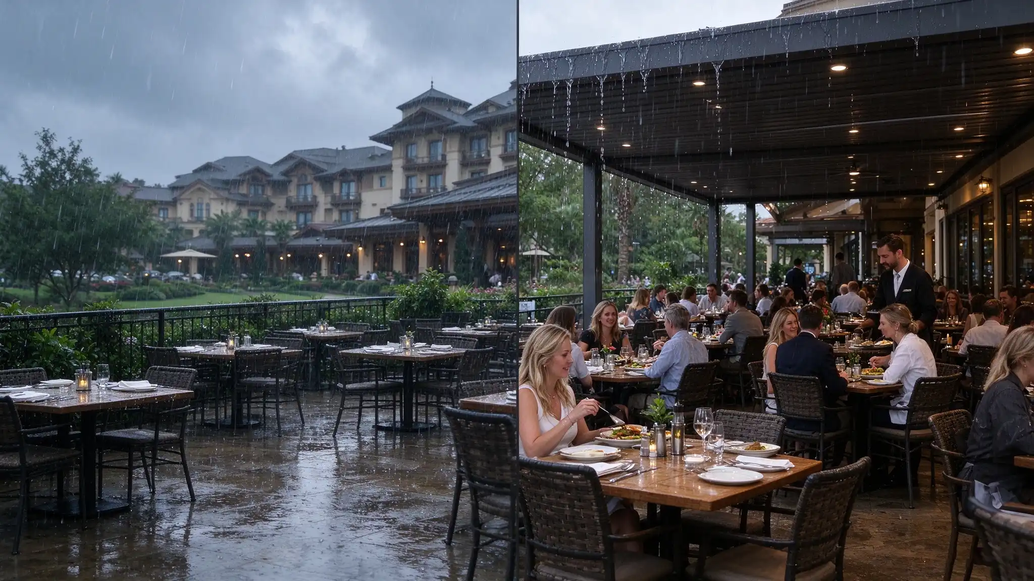 restaurant patio rain before after pergola