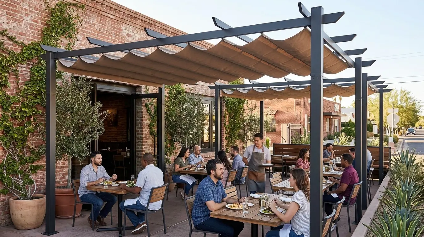 retractable fabric canopy pergola restaurant patio rolls back for open sky fabric shade and light rain protection