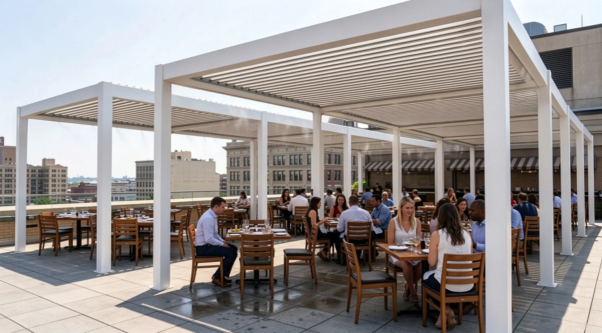freestanding motorized louvered pergolas for rooftop restaurant outdoor dining diners seated at wooden tables city buildings background
